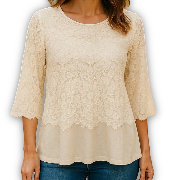 Pleione Lace Tunic Top Romantic Cottagecore Ivory 3/4 Sleeve Large - Picture 10 of 10